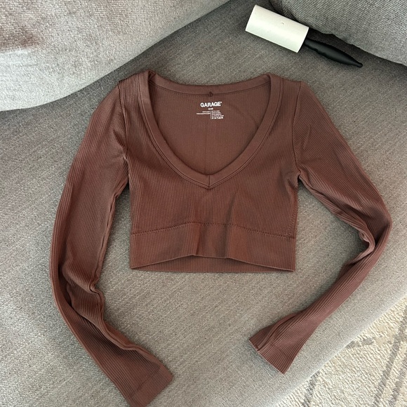 Garage Tops - Garage Women's Chocolate Ribbed V-Neck Crop Top